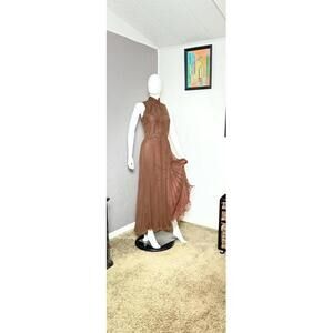 1960's Brown Chiffon Pleated Maxi Gown Glam Sheer Chocolate Evening Dress M